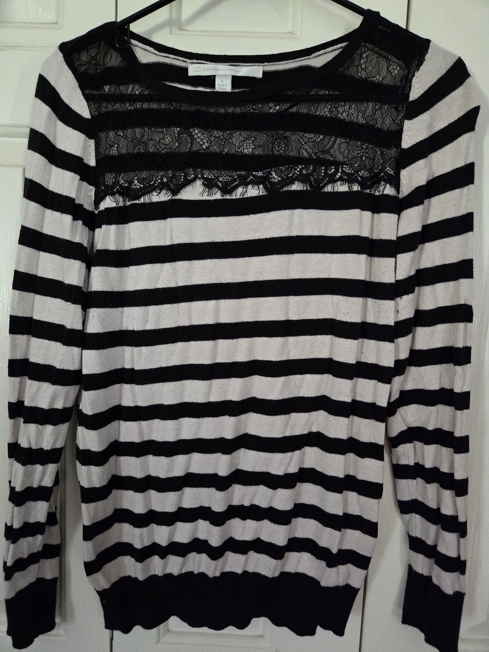 LC Lauren Conrad Black and White Striped Long-Sleeve Top with Lace Yoke